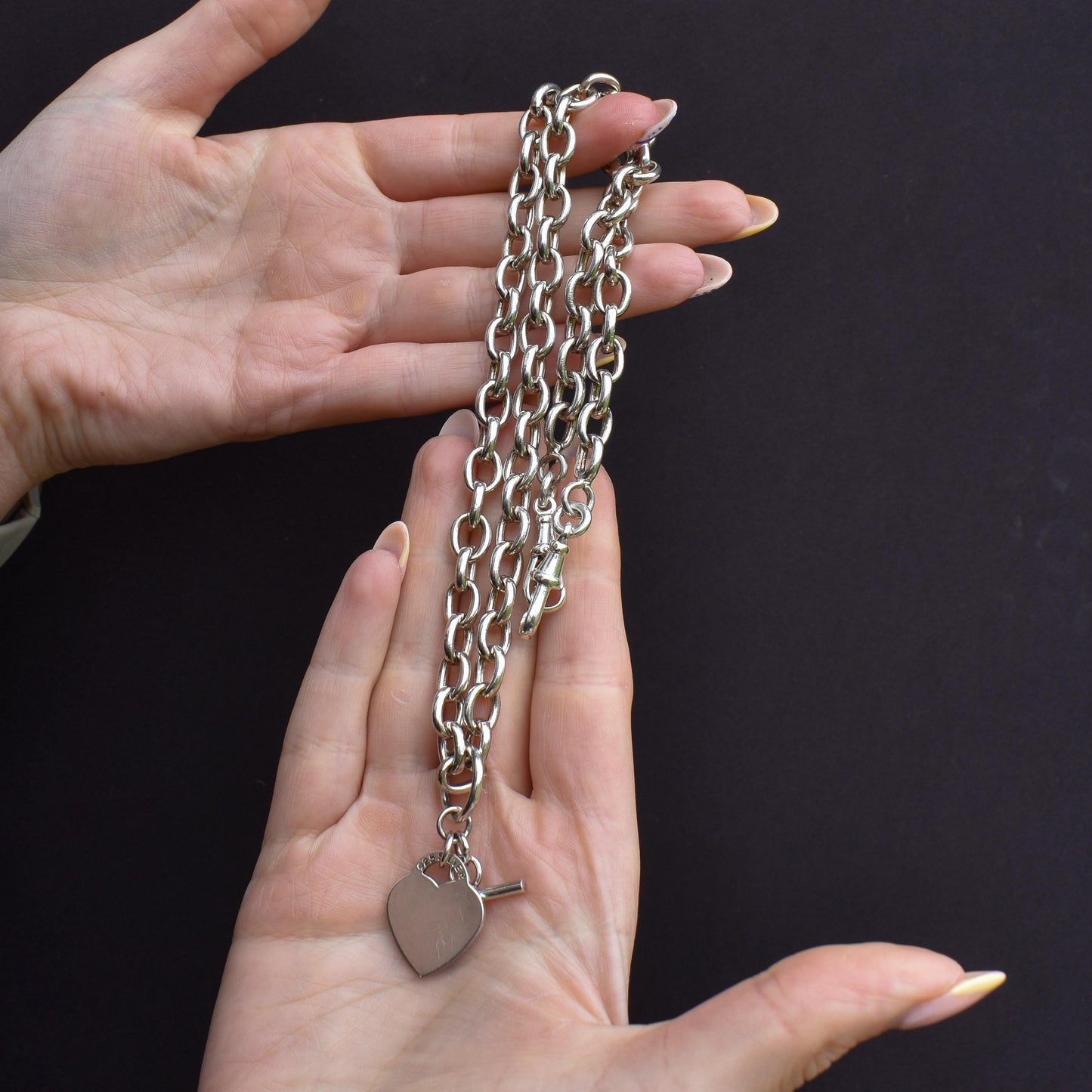 Vintage Sterling Silver Cable Link Watch Chain Necklace with T-Bar and Dog Clips – 21"