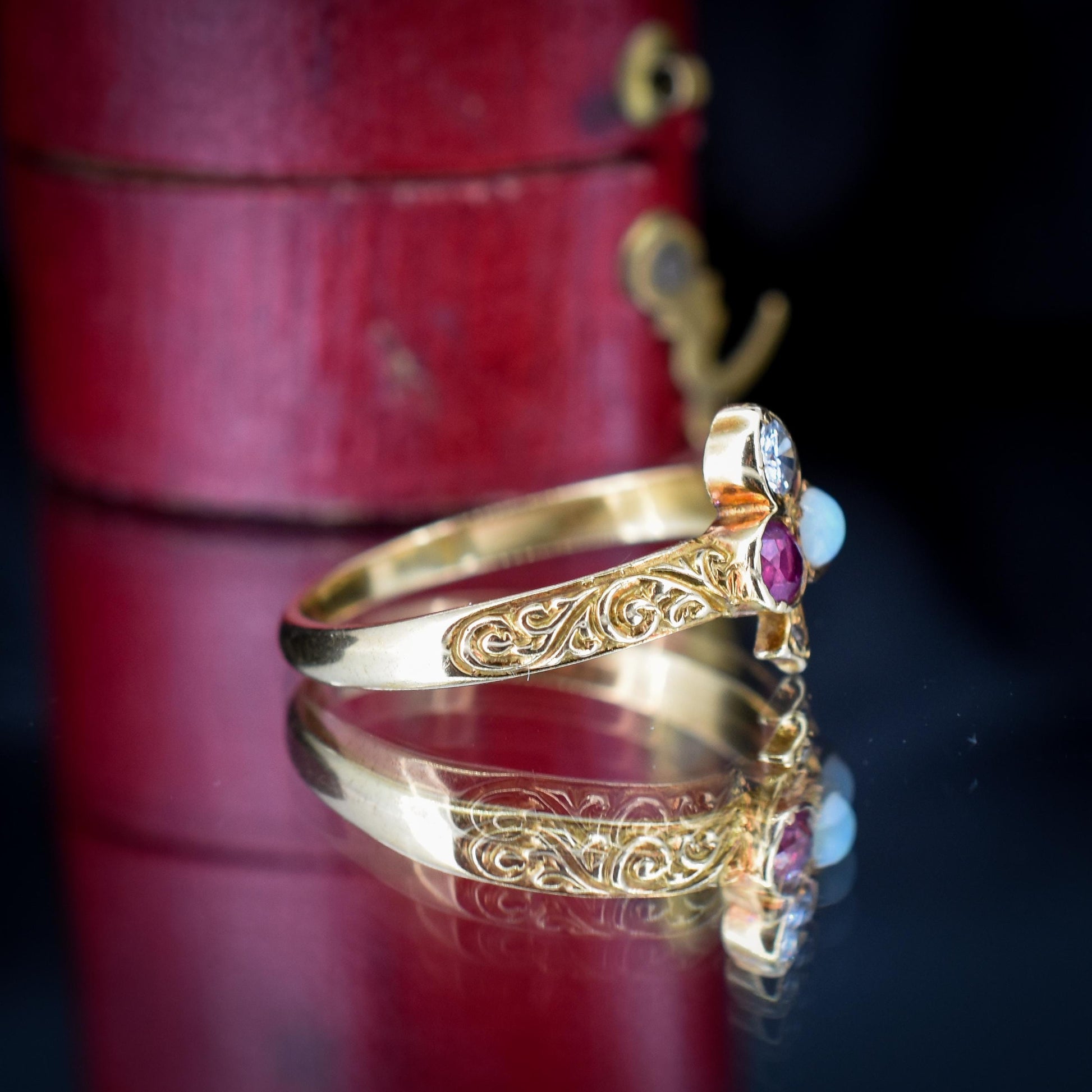Vintage Ruby Opal and Diamond Clover Trefoil 18ct Gold Band Ring
