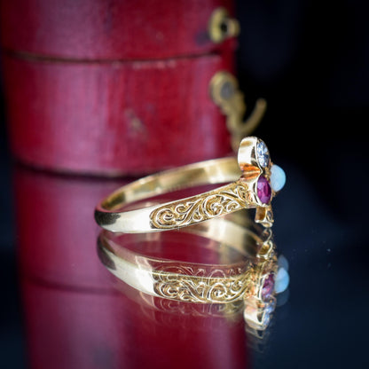 Vintage Ruby Opal and Diamond Clover Trefoil 18ct Gold Band Ring