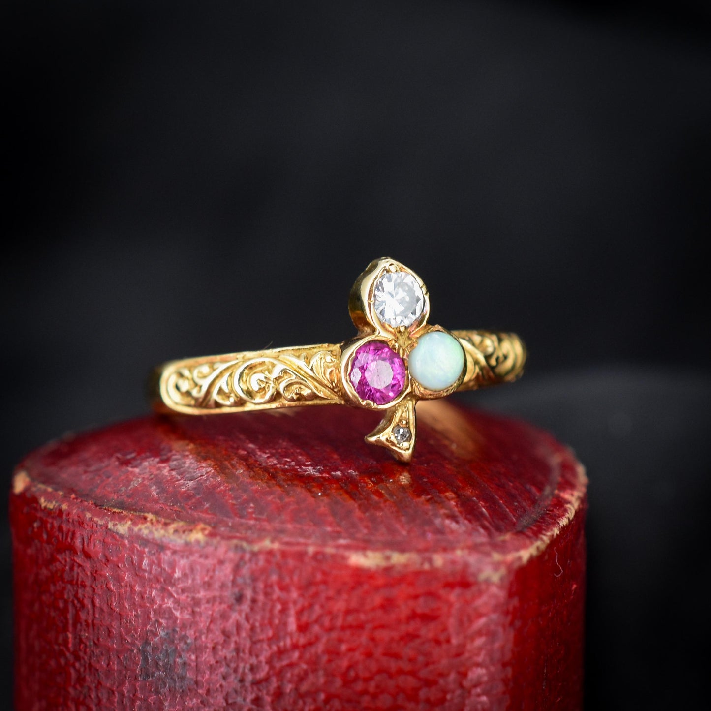 Vintage Ruby Opal and Diamond Clover Trefoil 18ct Gold Band Ring