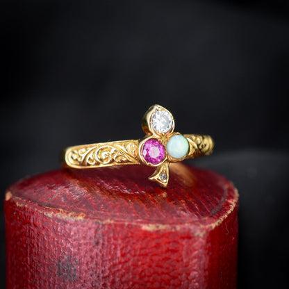 Vintage Ruby Opal and Diamond Clover Trefoil 18ct Gold Band Ring