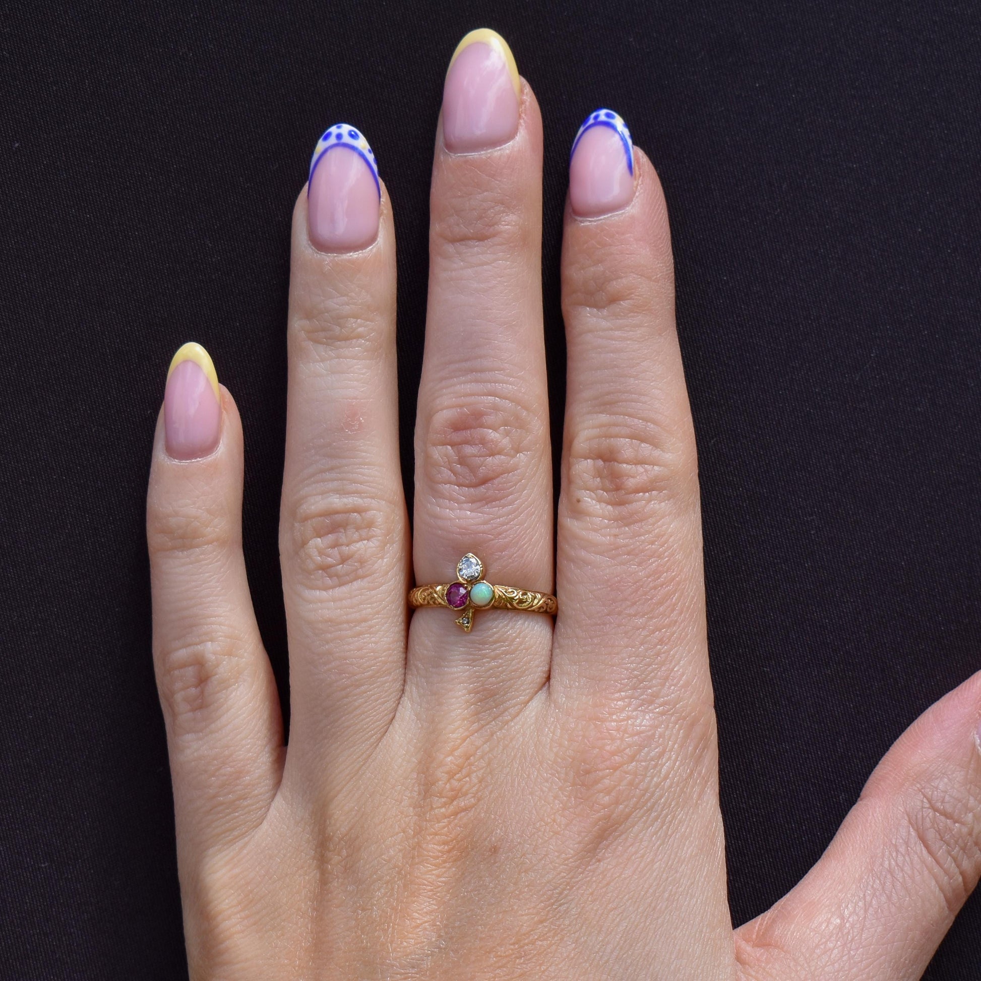 Vintage Ruby Opal and Diamond Clover Trefoil 18ct Gold Band Ring