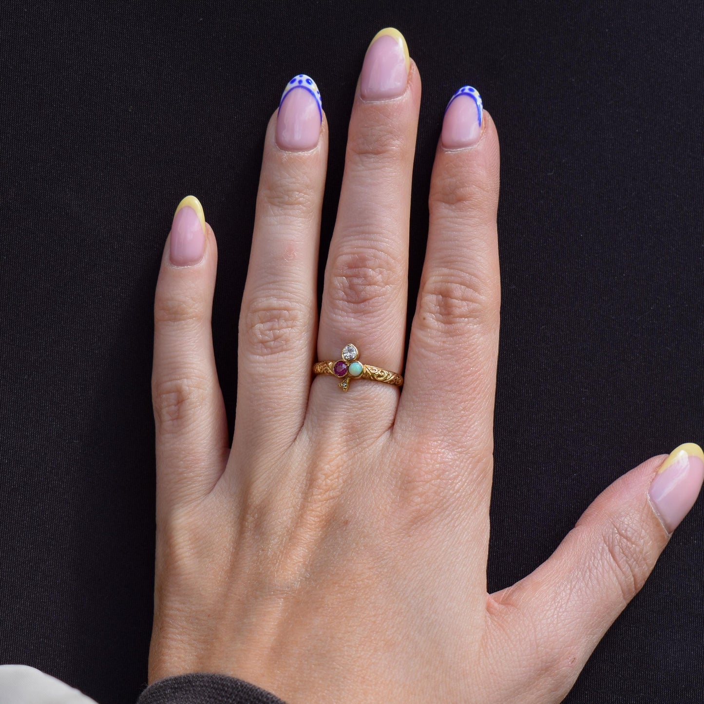 Vintage Ruby Opal and Diamond Clover Trefoil 18ct Gold Band Ring