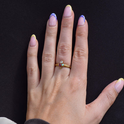 Vintage Ruby Opal and Diamond Clover Trefoil 18ct Gold Band Ring