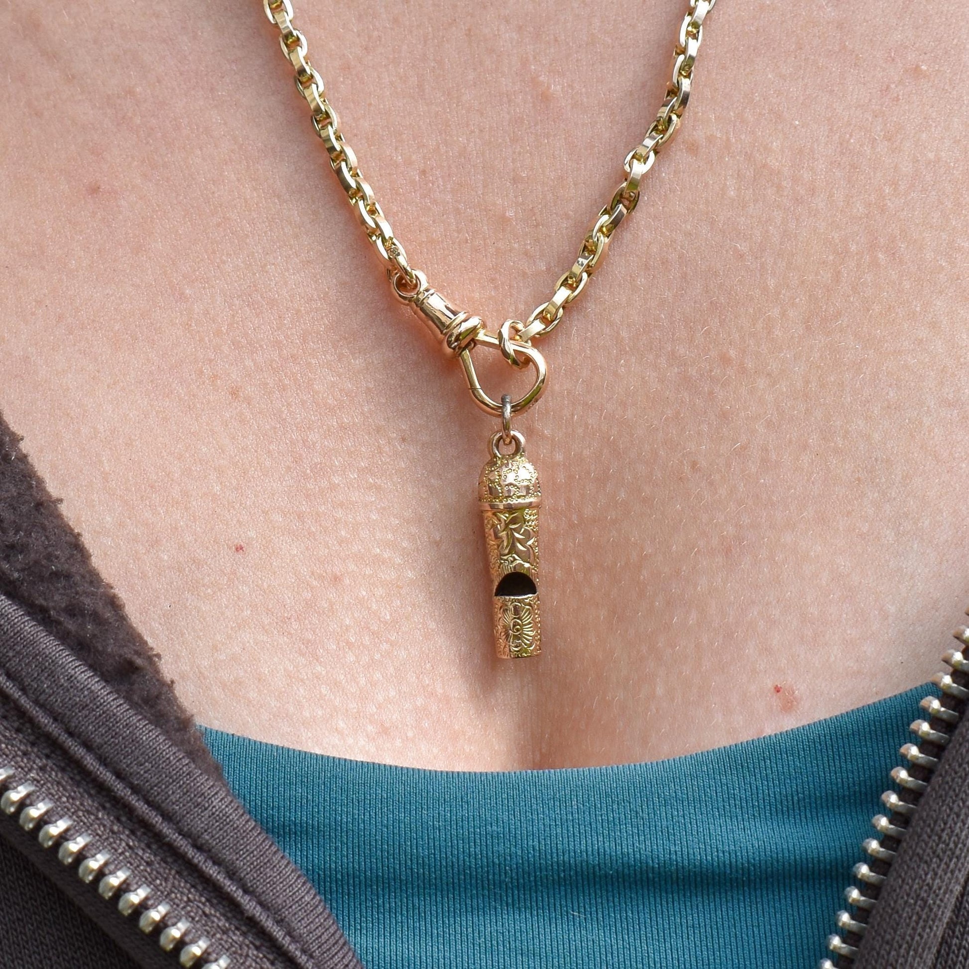 Antique Gold Ivy Engraved Whistle Charm Pendant
