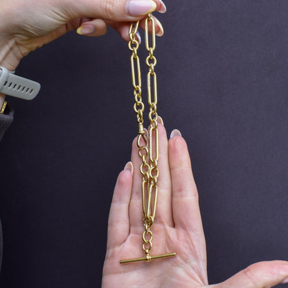 Antique '1923' 18ct Yellow Gold Trombone Watch Chain with Dog Clip and T-bar | 13.5"