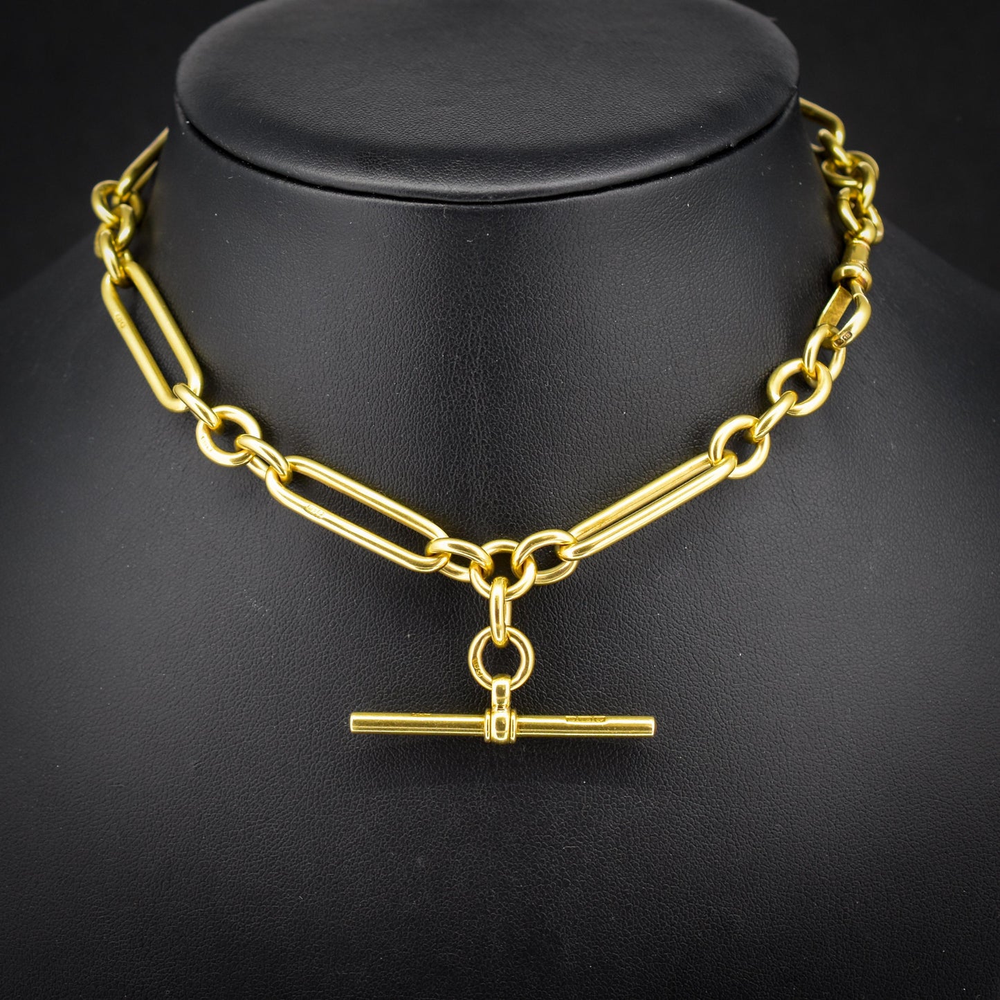 Antique '1923' 18ct Yellow Gold Trombone Watch Chain with Dog Clip and T-bar | 13.5"