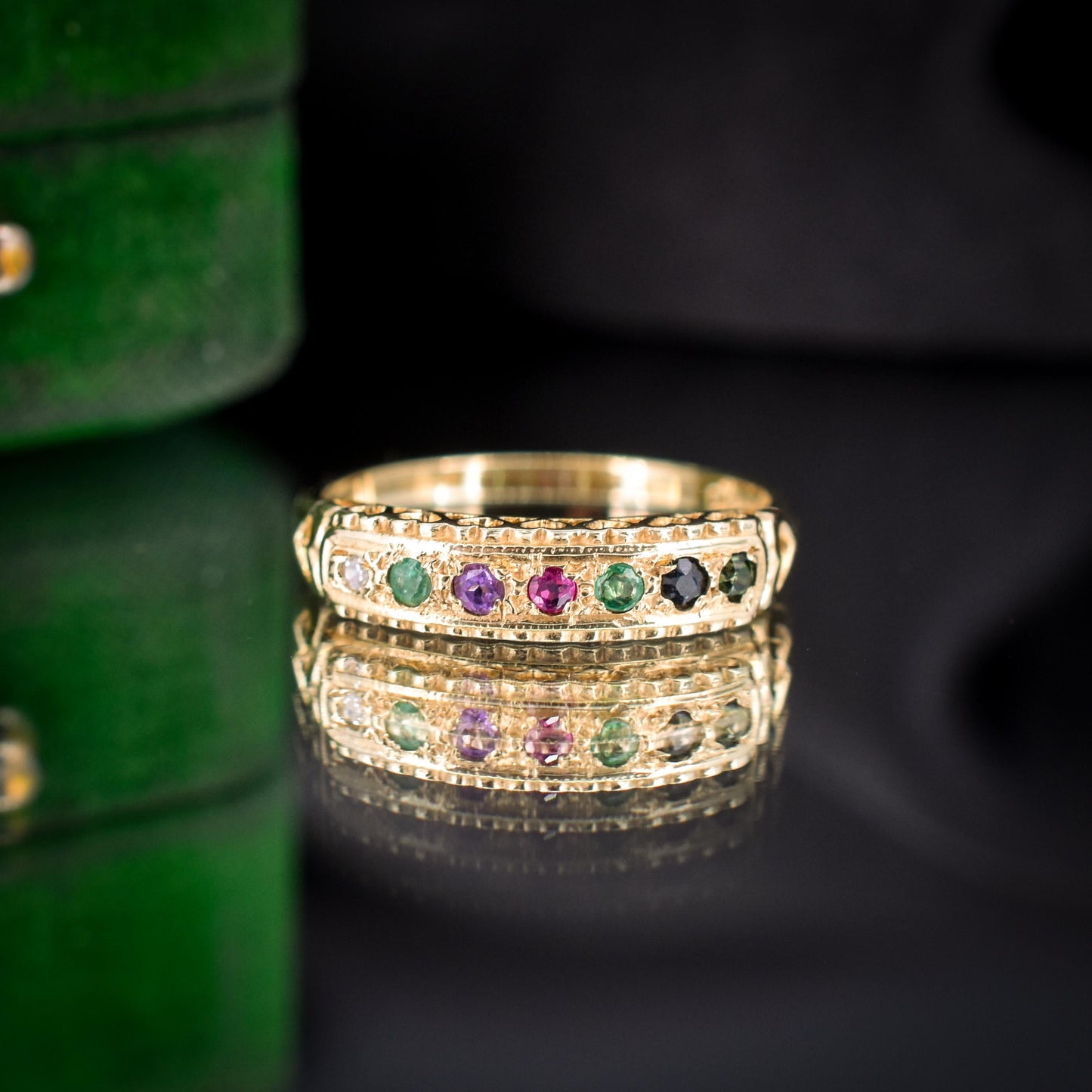 Vintage DEAREST Acrostic Multi-Gemstone Gold Ring Band