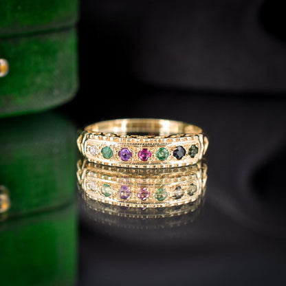 Vintage DEAREST Acrostic Multi-Gemstone Gold Ring Band