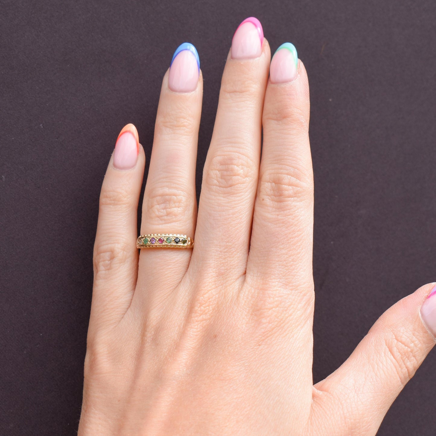 Vintage DEAREST Acrostic Multi-Gemstone Gold Ring Band