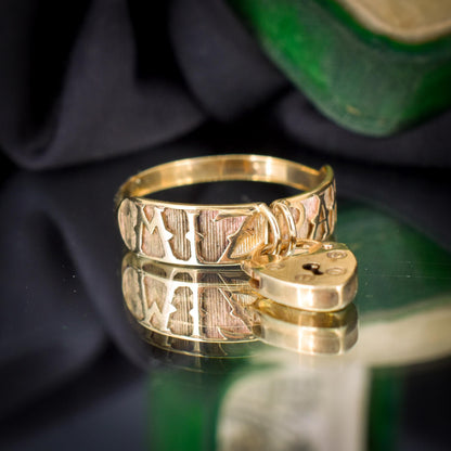 Vintage Heart Padlock Drop 'MIZPAH' 9ct Yellow Gold Band Ring