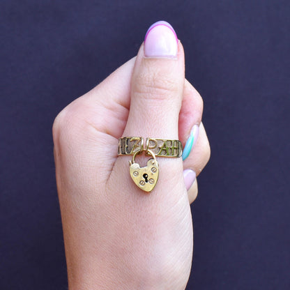 Vintage Heart Padlock Drop 'MIZPAH' 9ct Yellow Gold Band Ring