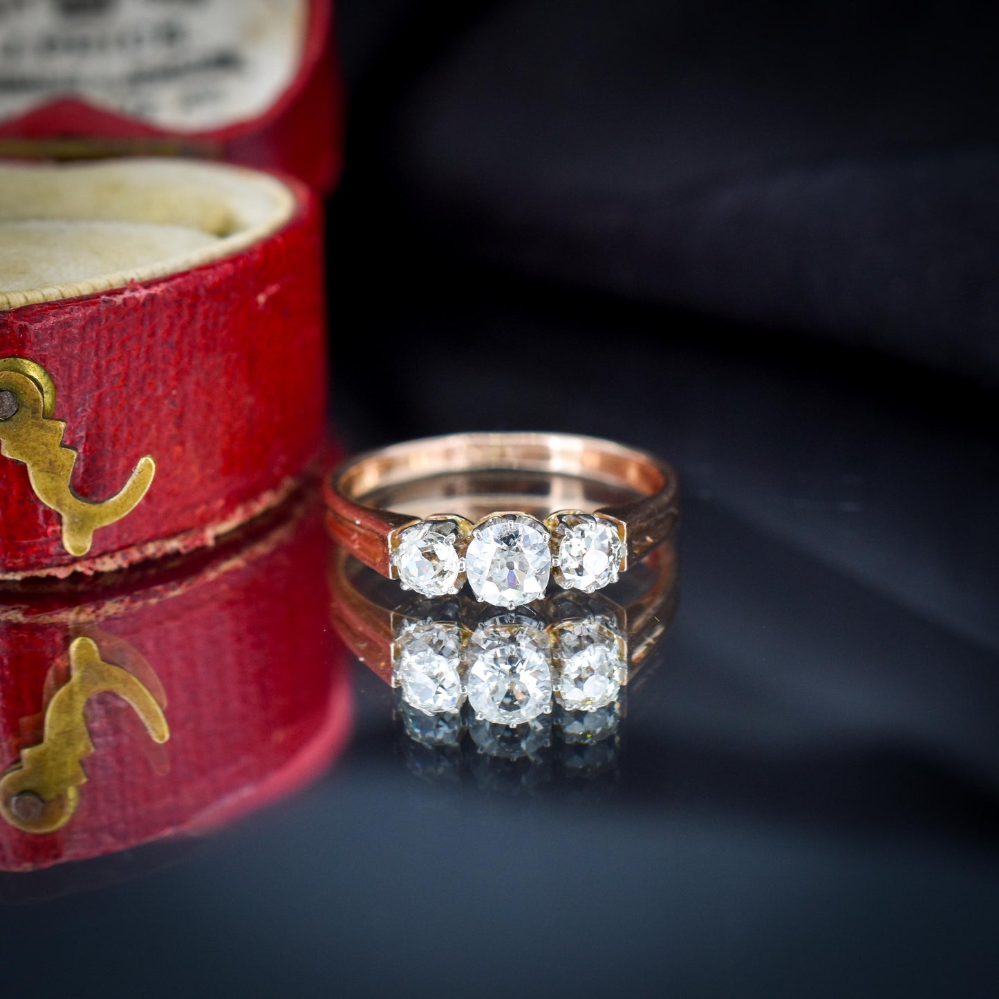 Antique Old Cut Diamond Claw Set Three Stone Trilogy 18ct Gold Ring