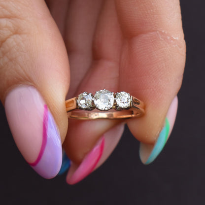 Antique Old Cut Diamond Claw Set Three Stone Trilogy 18ct Gold Ring