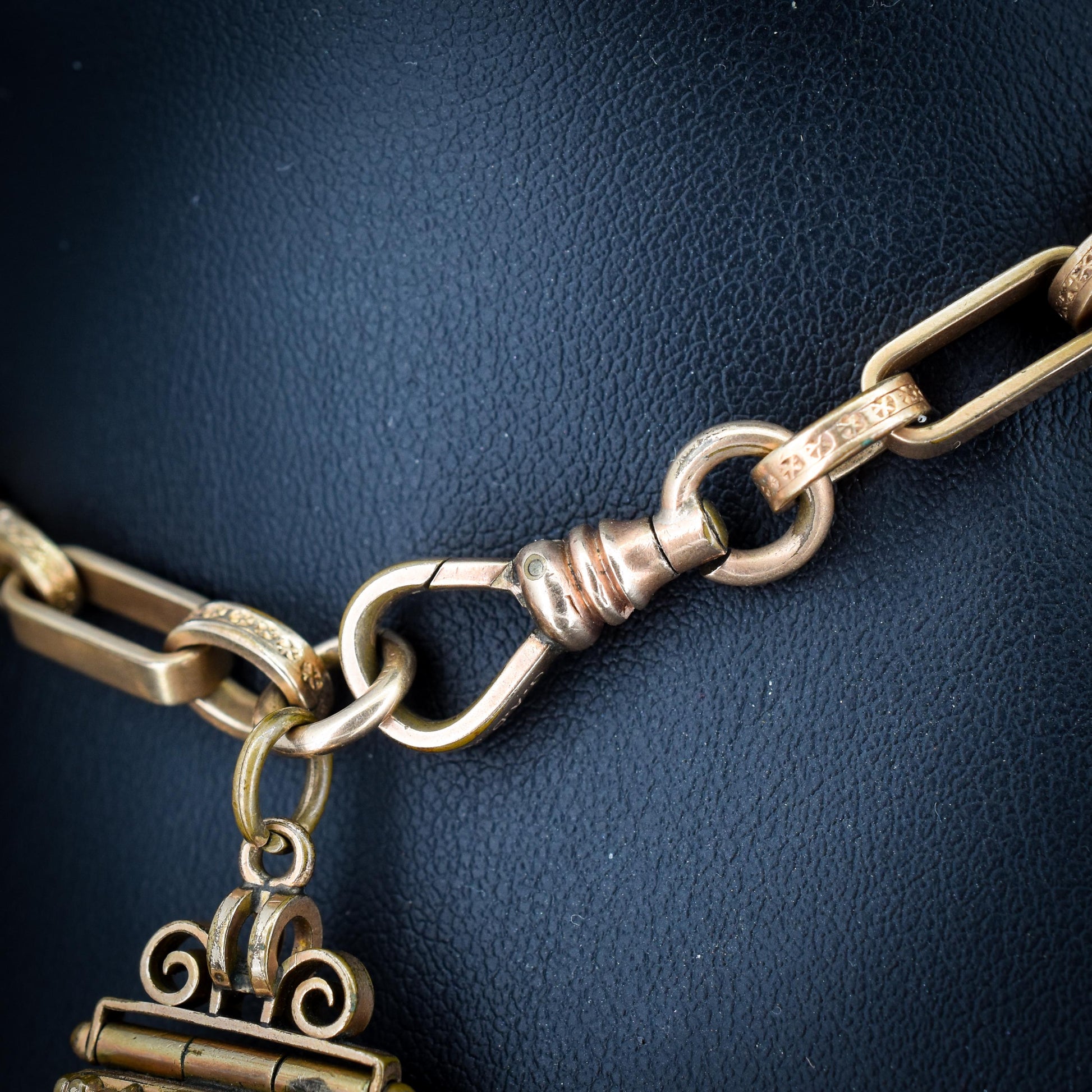 Antique Rolled Gold Fancy Watch Chain with Locket Fob and T-Bar | 12.5"