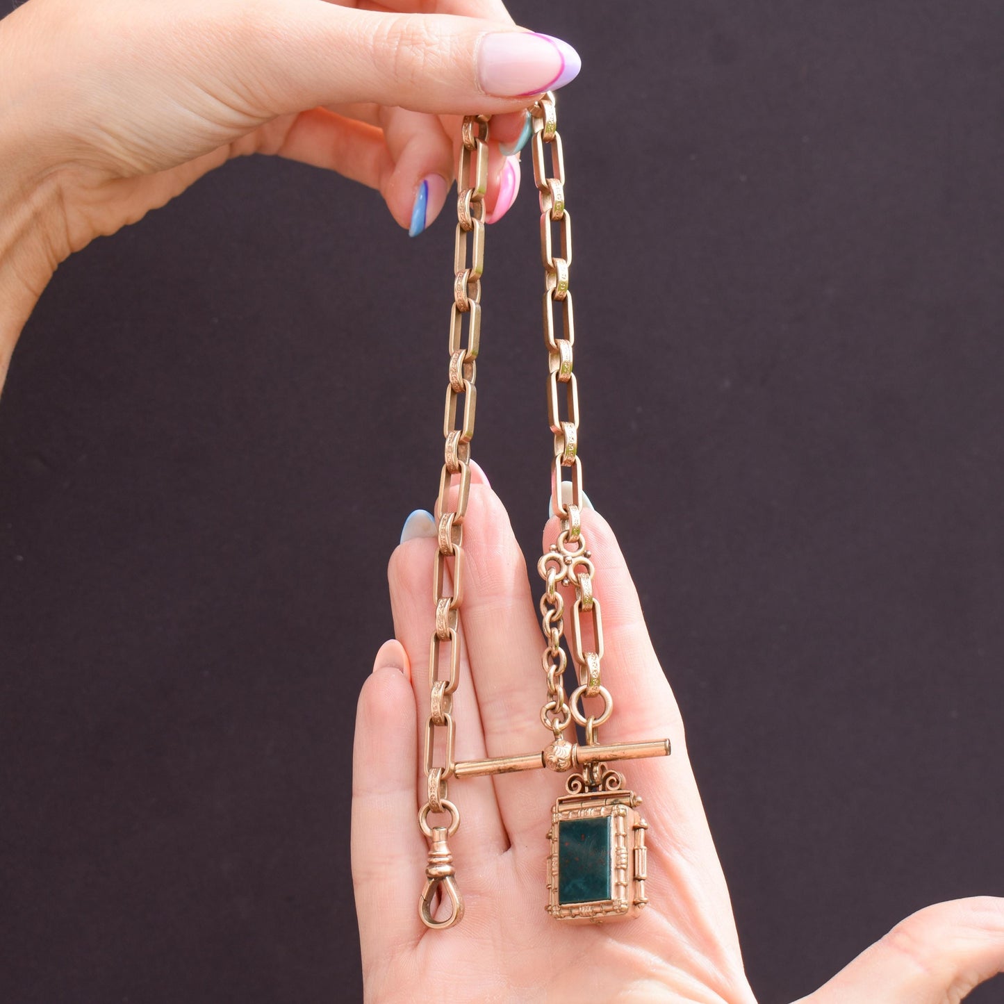Antique Rolled Gold Fancy Watch Chain with Locket Fob and T-Bar | 12.5"