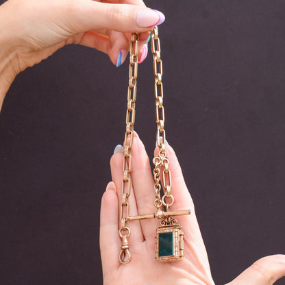 Antique Rolled Gold Fancy Watch Chain with Locket Fob and T-Bar | 12.5"