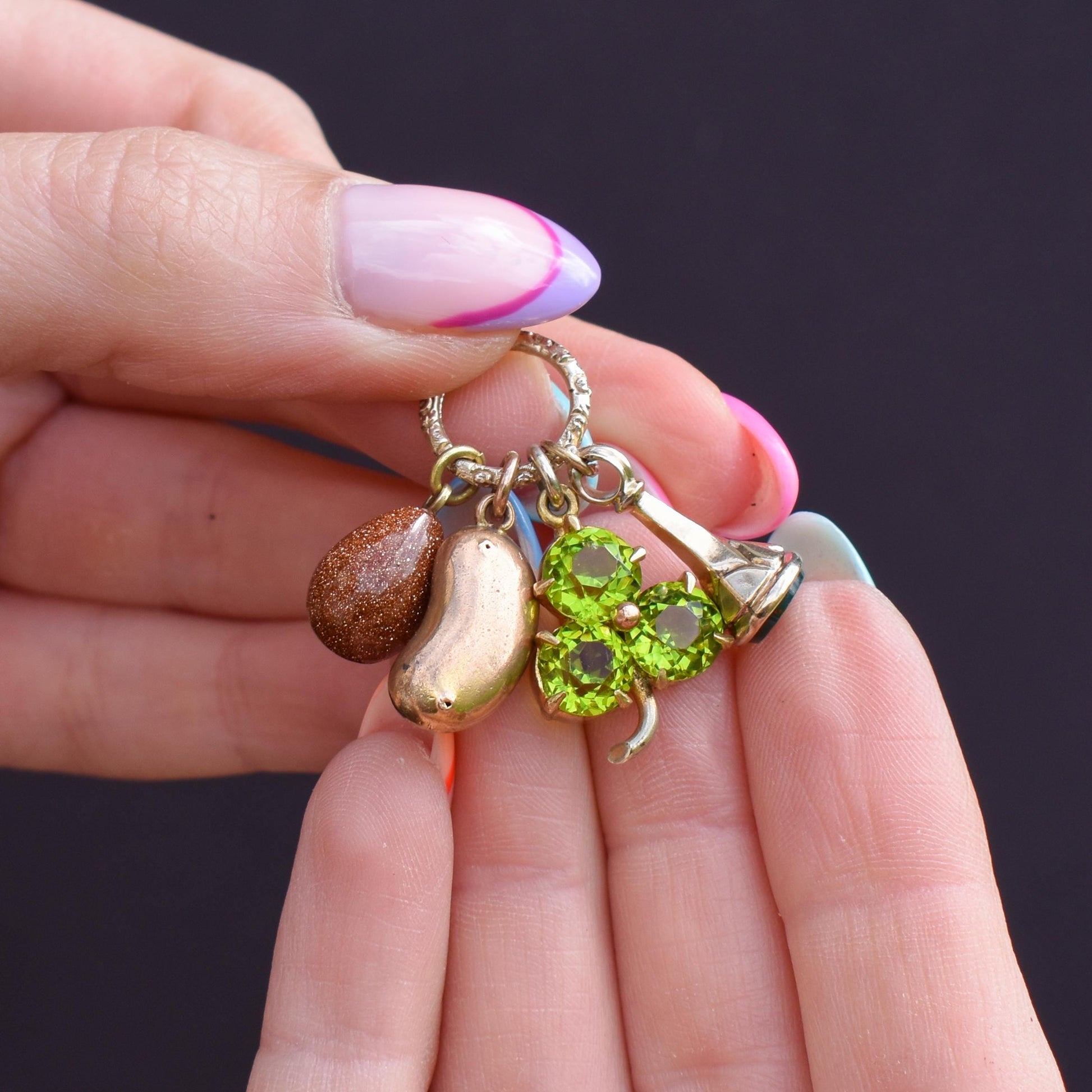 Antique Gold Lucky Charms on Engraved Split Ring