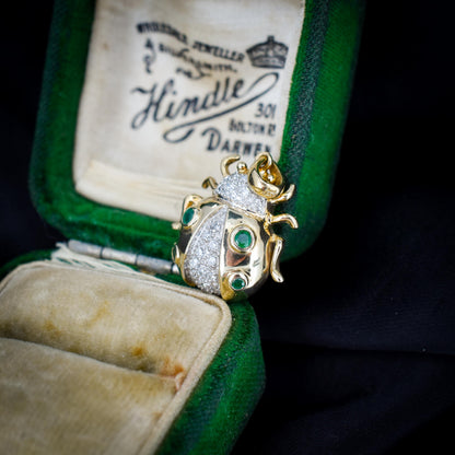 Emerald and Diamond Yellow Gold Ladybird Ladybug Beetle Pendant Charm