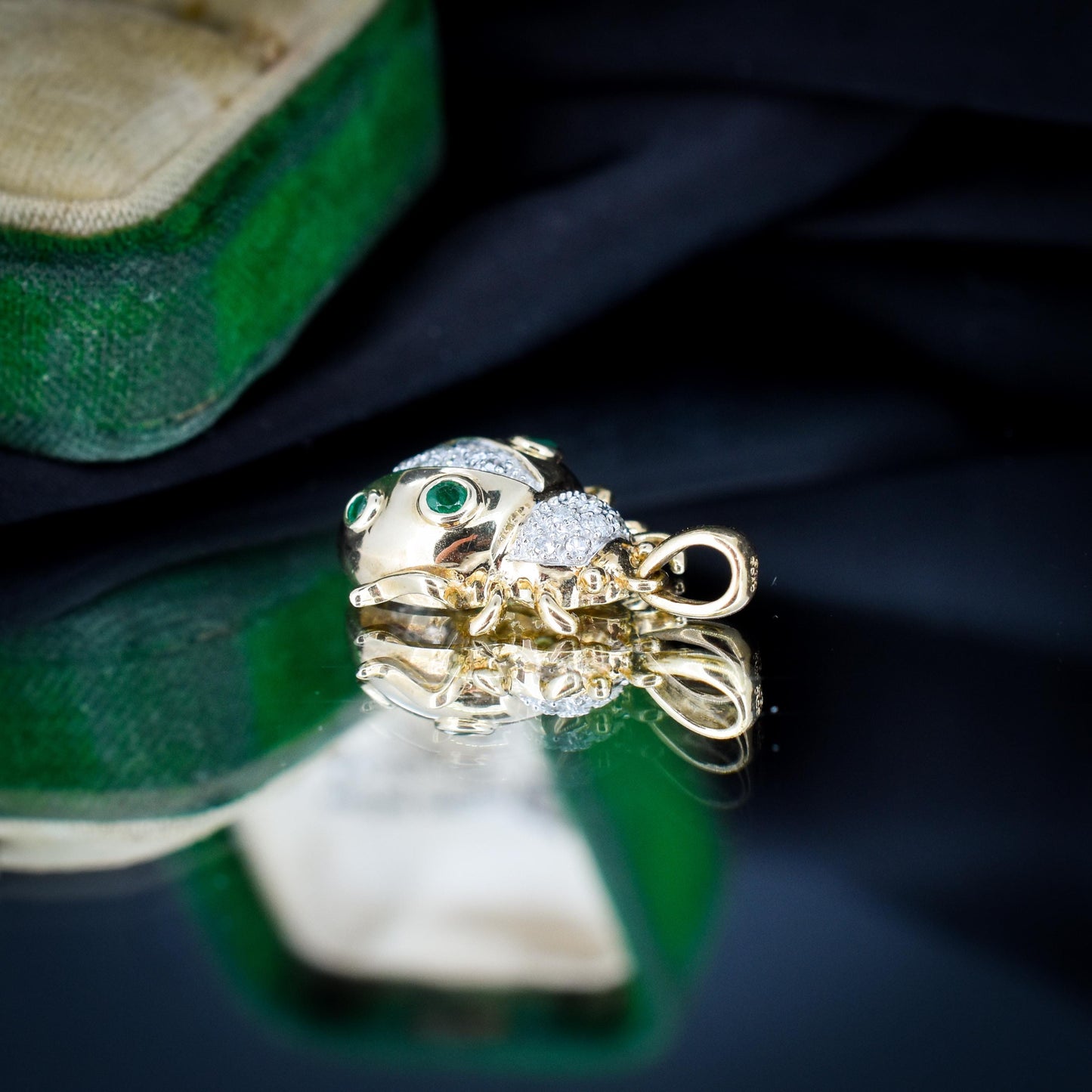 Emerald and Diamond Yellow Gold Ladybird Ladybug Beetle Pendant Charm