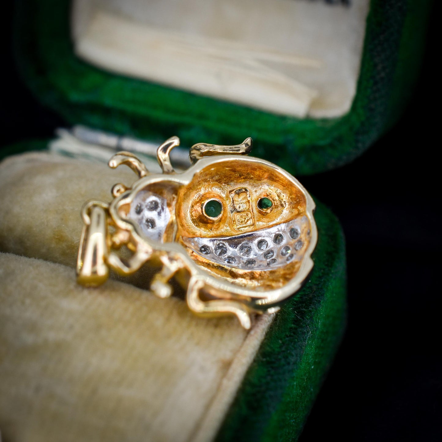 Emerald and Diamond Yellow Gold Ladybird Ladybug Beetle Pendant Charm