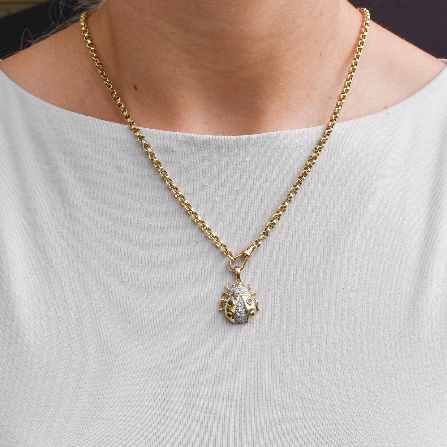Emerald and Diamond Yellow Gold Ladybird Ladybug Beetle Pendant Charm