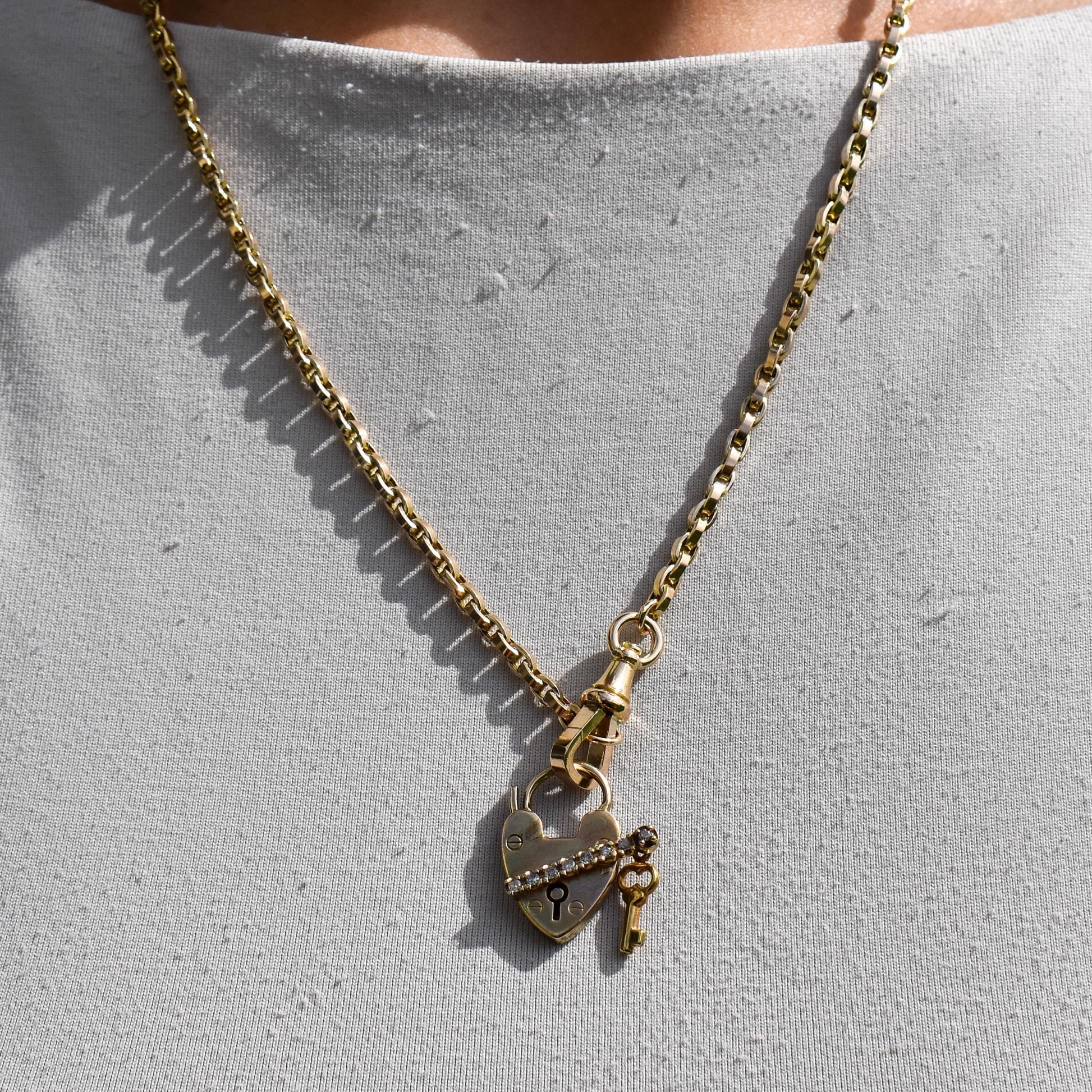 Antique 9ct Yellow Gold Diamond Heart Padlock and Key Charm Pendant