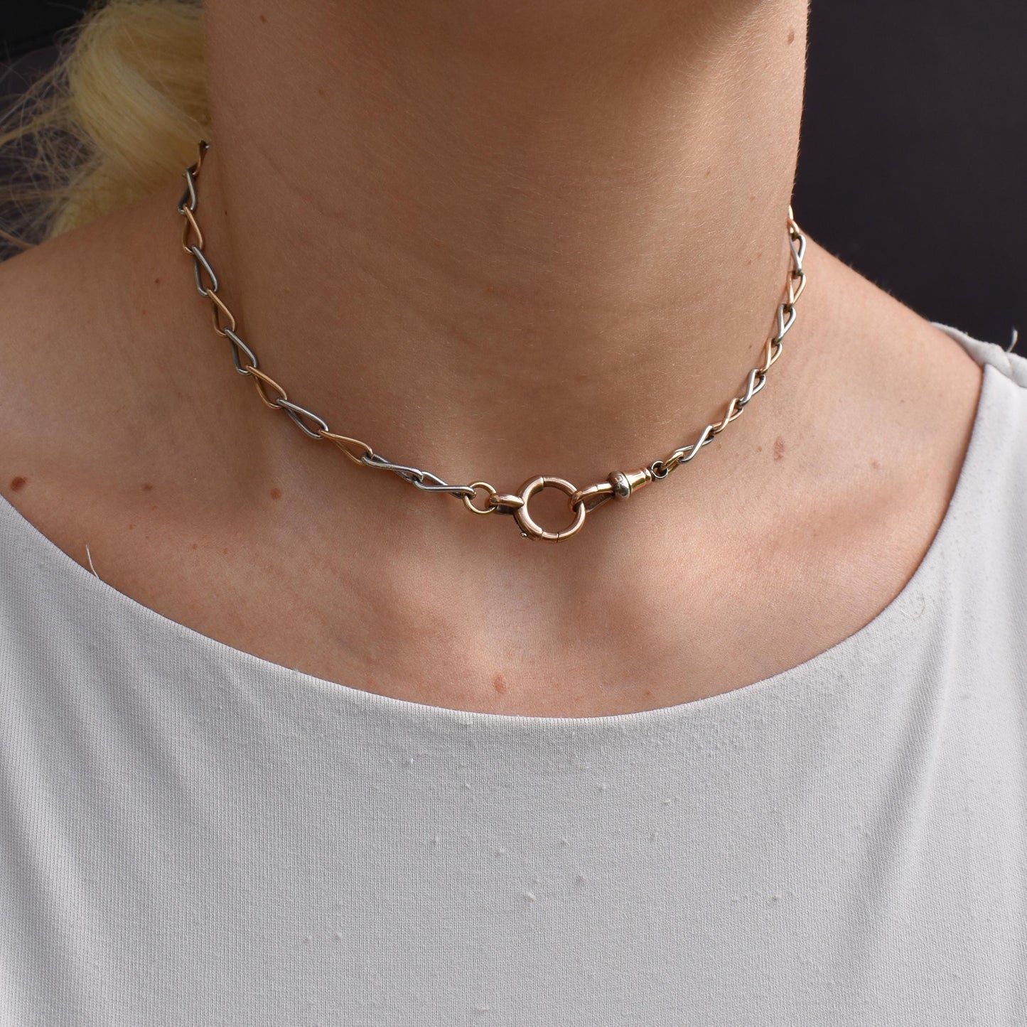 Antique 15ct Gold and Platinum Chain with Dog Clip and Bolt Ring | 13.75"
