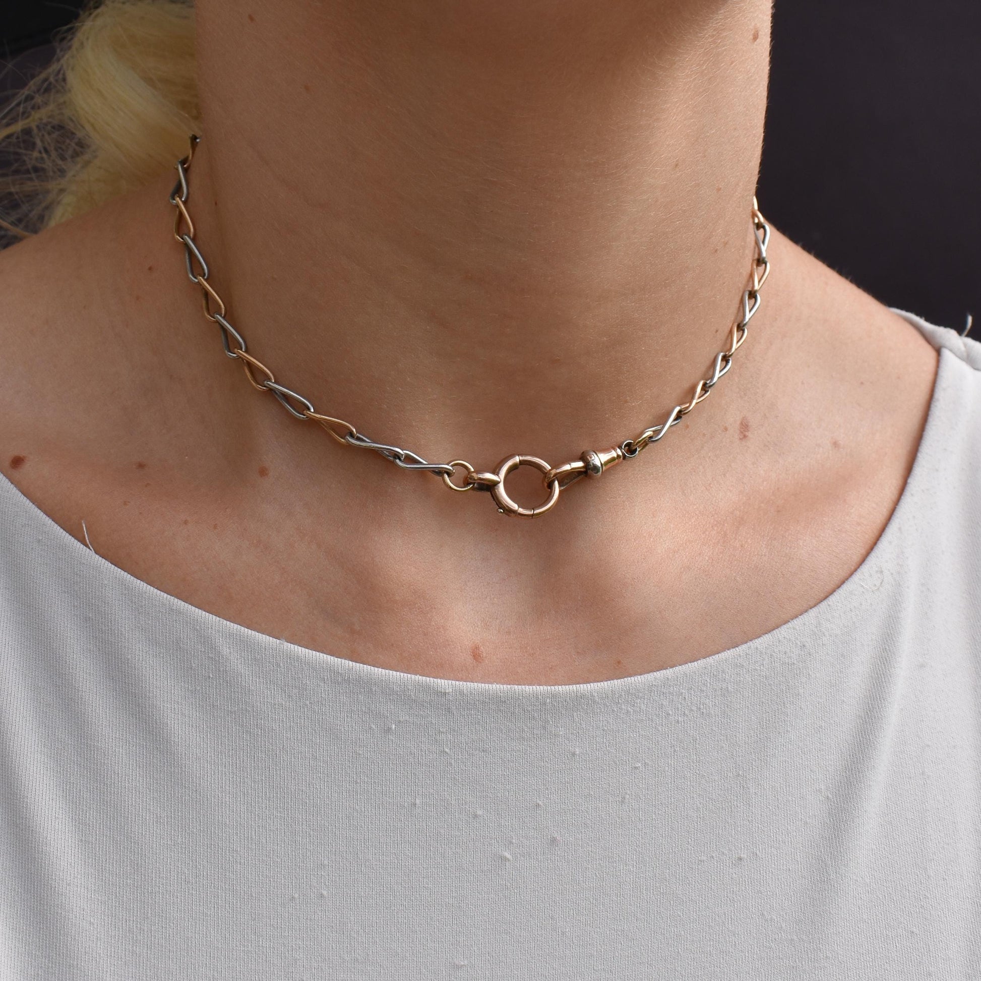 Antique 15ct Gold and Platinum Chain with Dog Clip and Bolt Ring | 13.75"