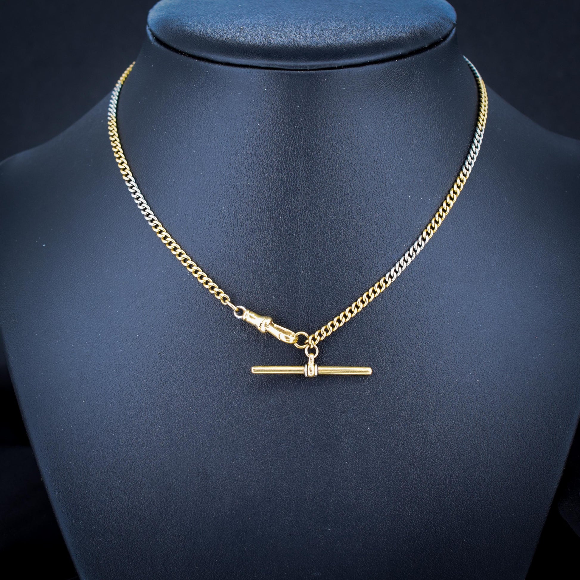 Antique 18ct Gold and Platinum Watch Chain Necklace with Dog Clip and T-bar 14"