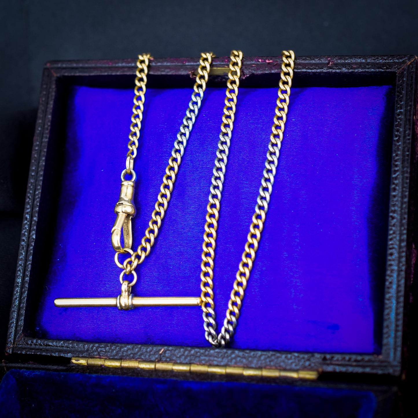 Antique 18ct Gold and Platinum Watch Chain Necklace with Dog Clip and T-bar 14"