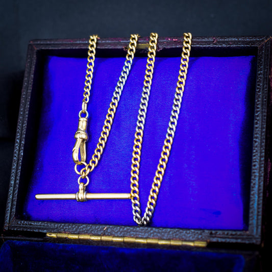 Antique 18ct Gold and Platinum Watch Chain Necklace with Dog Clip and T-bar 14"