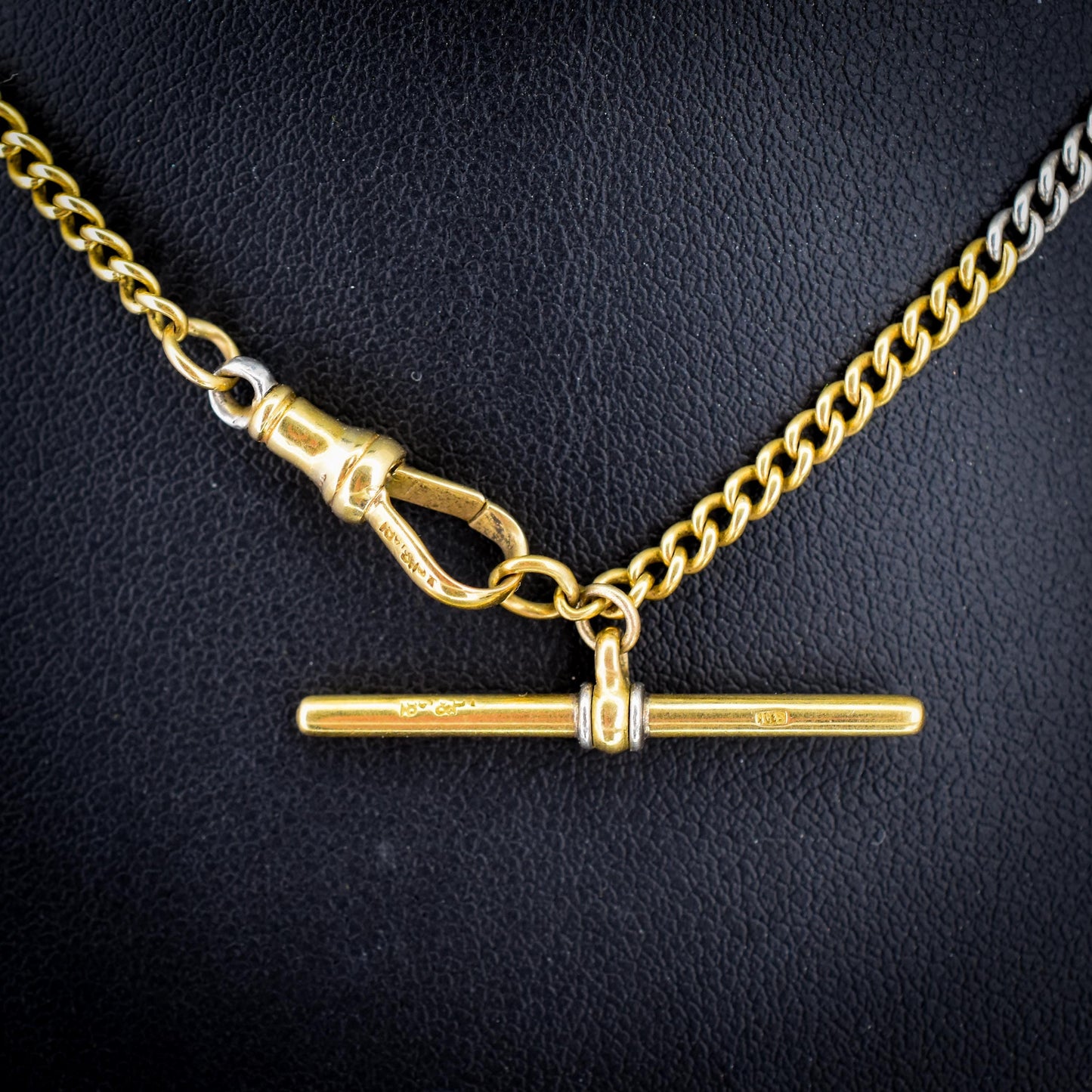 Antique 18ct Gold and Platinum Watch Chain Necklace with Dog Clip and T-bar 14"