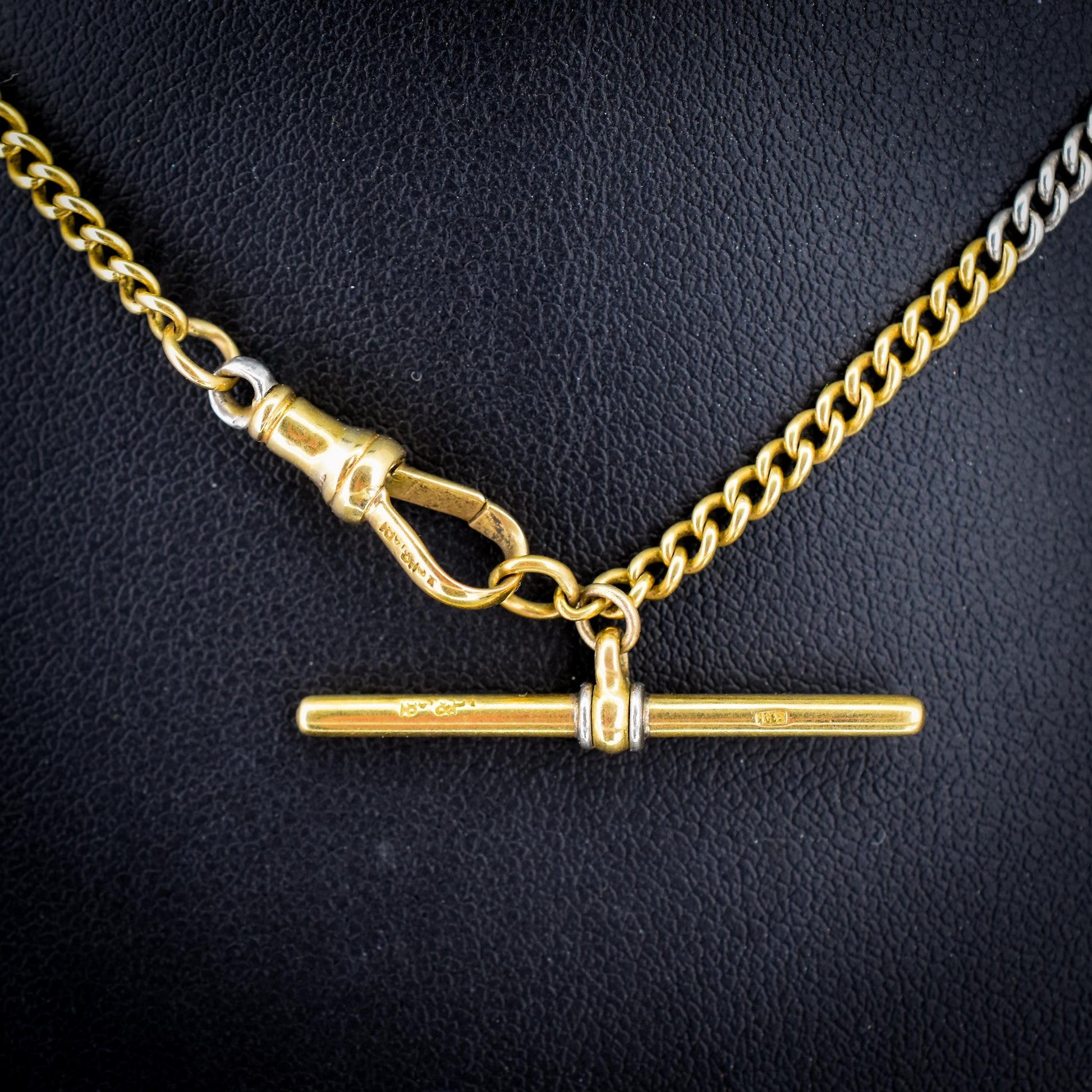 Antique 18ct Gold and Platinum Watch Chain Necklace with Dog Clip and T-bar 14"