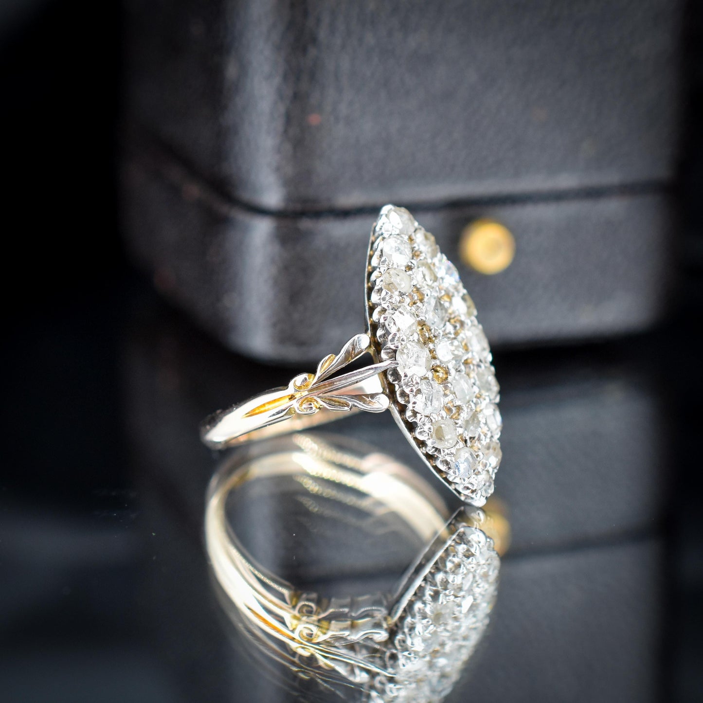 Antique Victorian Old Cut Diamond Navette 18ct Gold Ring