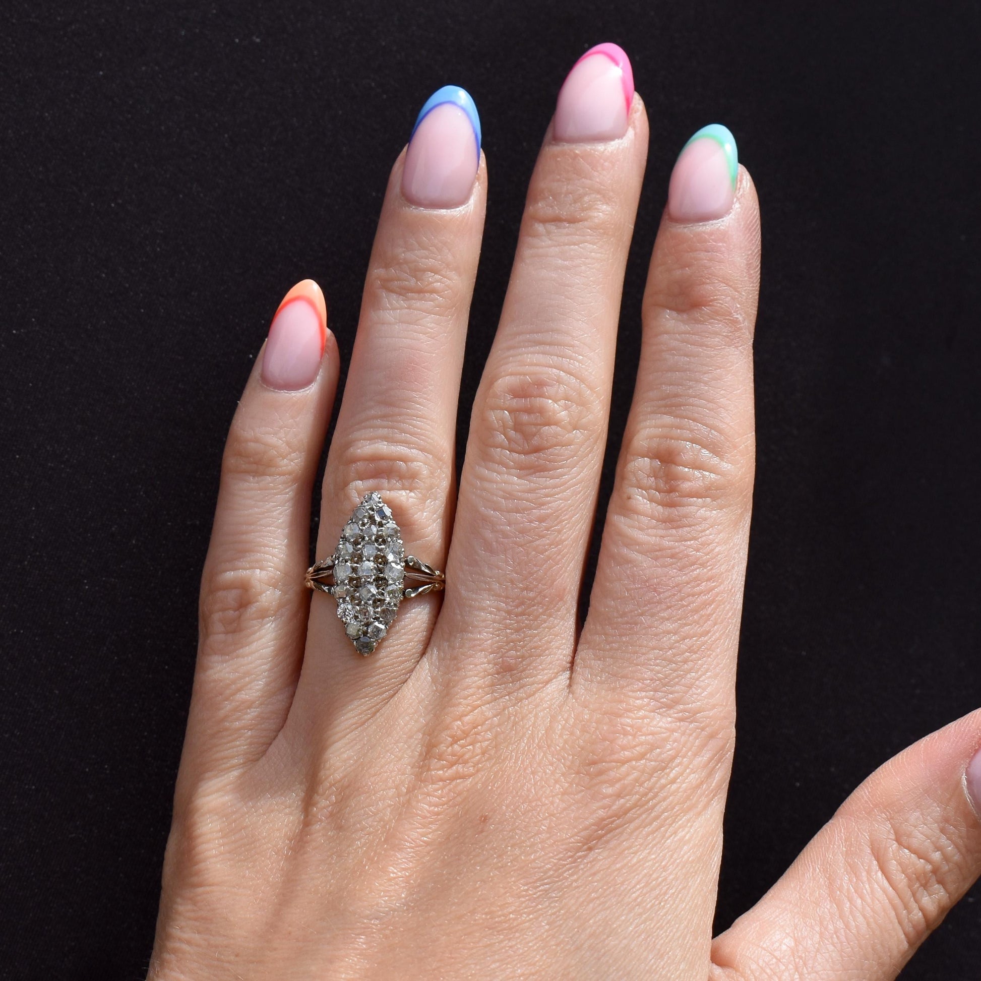 Antique Victorian Old Cut Diamond Navette 18ct Gold Ring