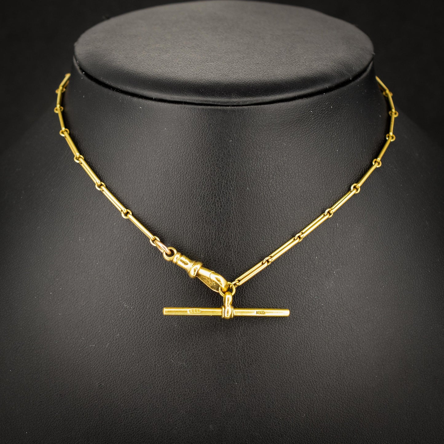 Antique 18ct Yellow Gold Fancy Link Watch Chain with Dog Clip and T-bar | 12.5"