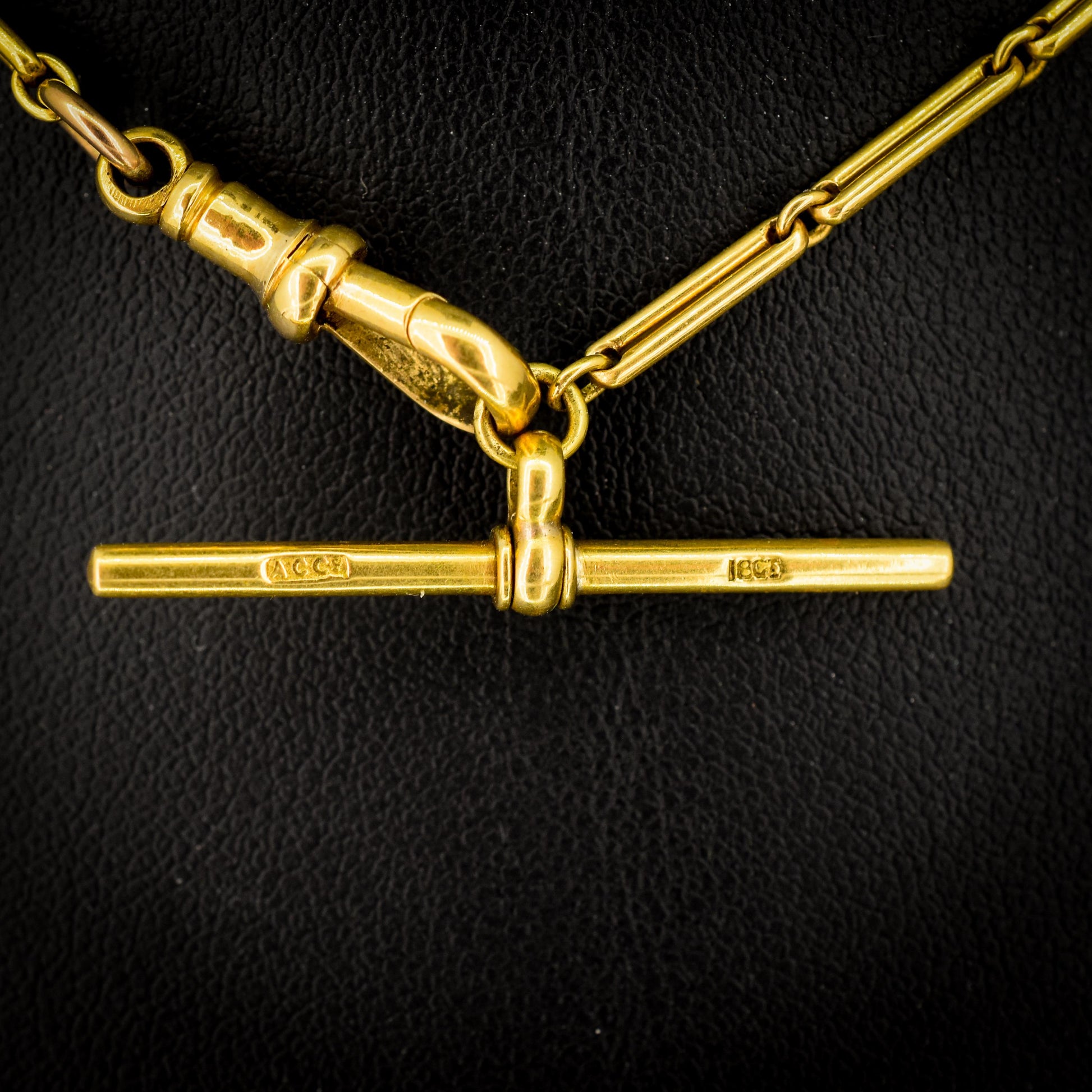 Antique 18ct Yellow Gold Fancy Link Watch Chain with Dog Clip and T-bar | 12.5"