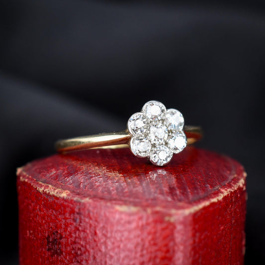 Antique Diamond Cluster Daisy 18ct Yellow Gold and Platinum Ring