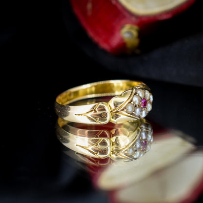 Antique Victorian Ruby and Pearl 18ct Gold Band Ring - Dated 1894