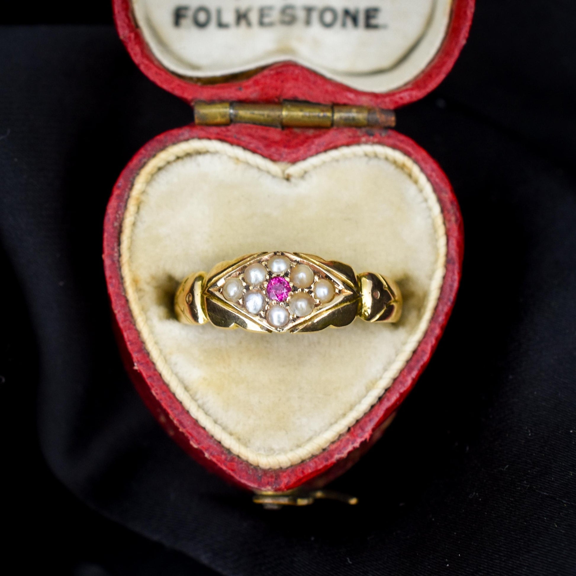 Antique Victorian Ruby and Pearl 18ct Gold Band Ring - Dated 1894