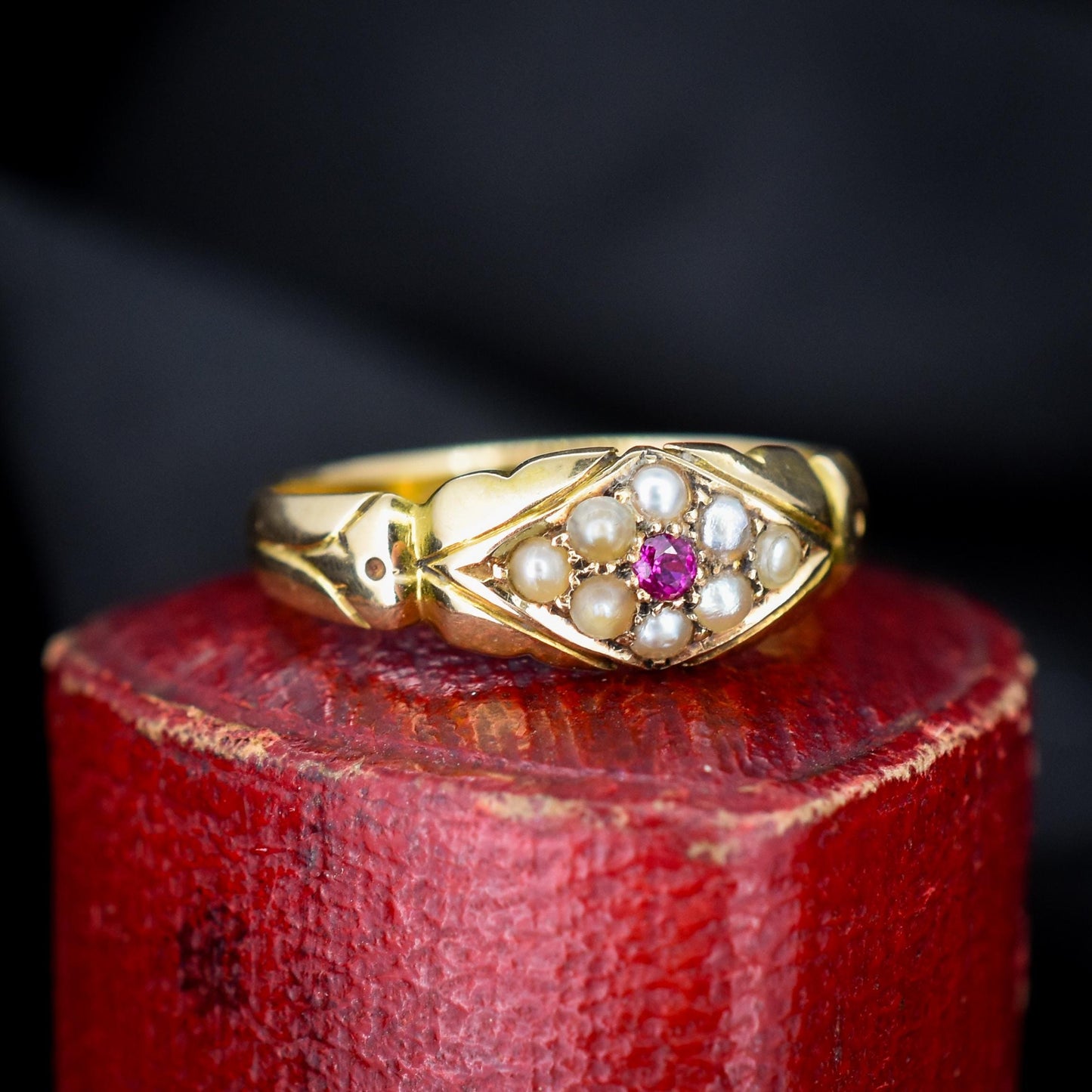 Antique Victorian Ruby and Pearl 18ct Gold Band Ring - Dated 1894