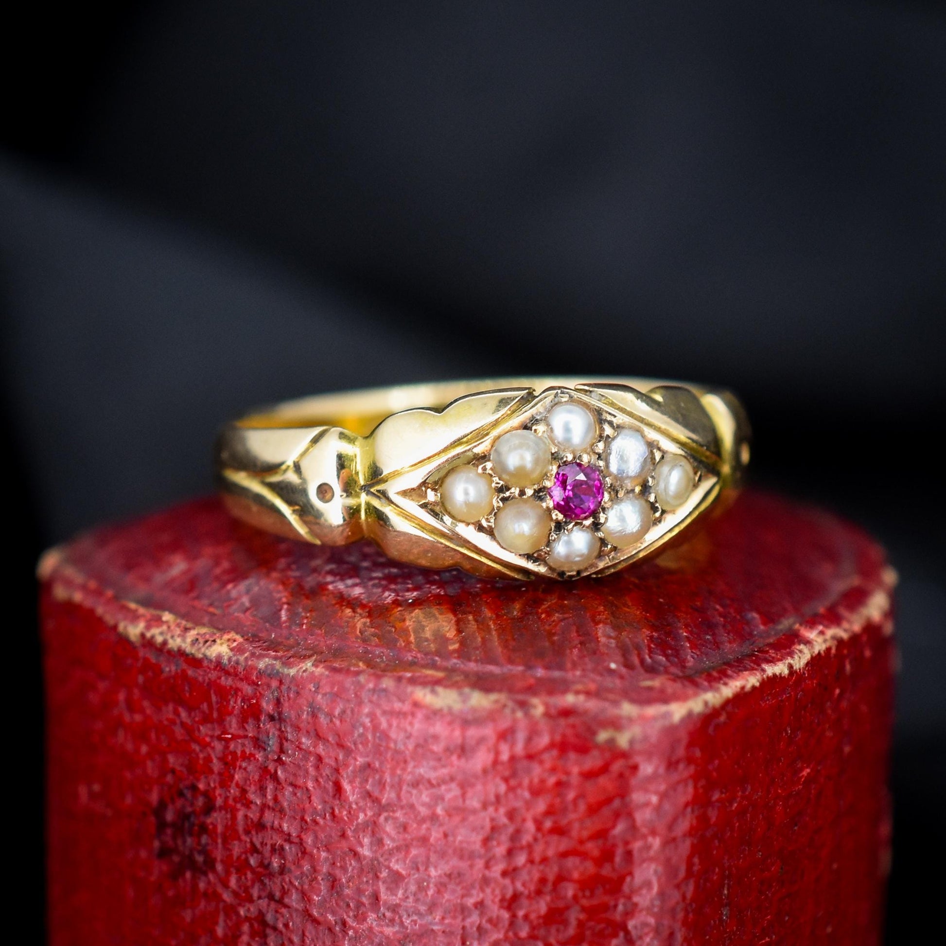 Antique Victorian Ruby and Pearl 18ct Gold Band Ring - Dated 1894