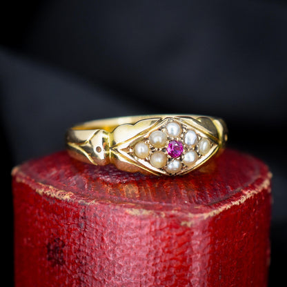 Antique Victorian Ruby and Pearl 18ct Gold Band Ring - Dated 1894