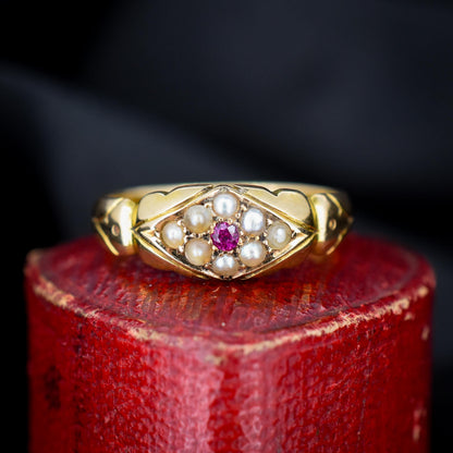 Antique Victorian Ruby and Pearl 18ct Gold Band Ring - Dated 1894