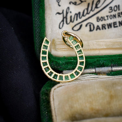 0.40ct French Cut Emerald Horseshoe 18ct Gold Charm Pendant