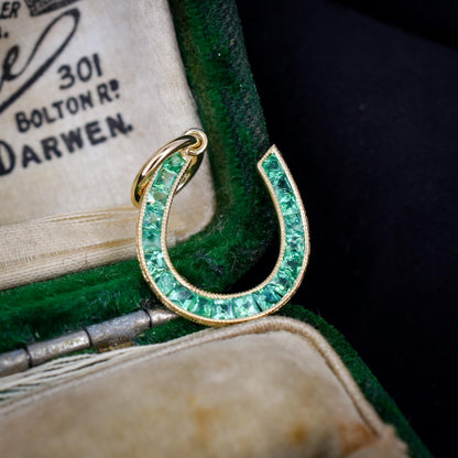 0.40ct French Cut Emerald Horseshoe 18ct Gold Charm Pendant