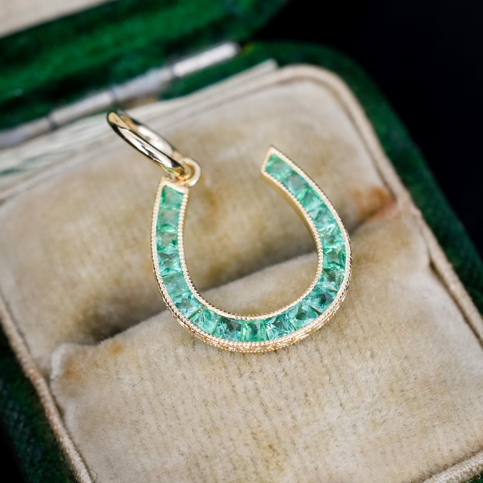 0.40ct French Cut Emerald Horseshoe 18ct Gold Charm Pendant