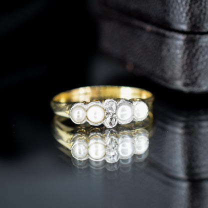 Antique Edwardian 18ct Gold Pearl and Rose-Cut Diamond Ring