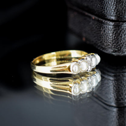 Antique Edwardian 18ct Gold Pearl and Rose-Cut Diamond Ring